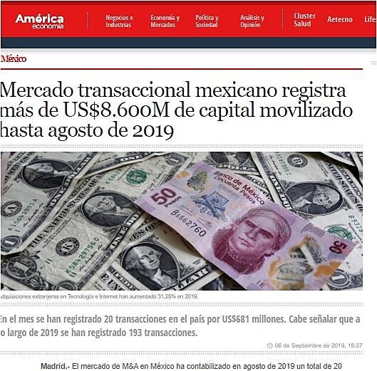 Mercado transaccional mexicano registra ms de US$8.600M de capital movilizado hasta agosto de 2019